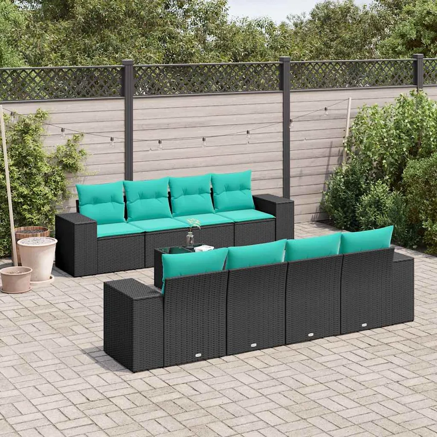 Ensemble de canapé de jardin 9 pcs avec coussins noir résine tressée