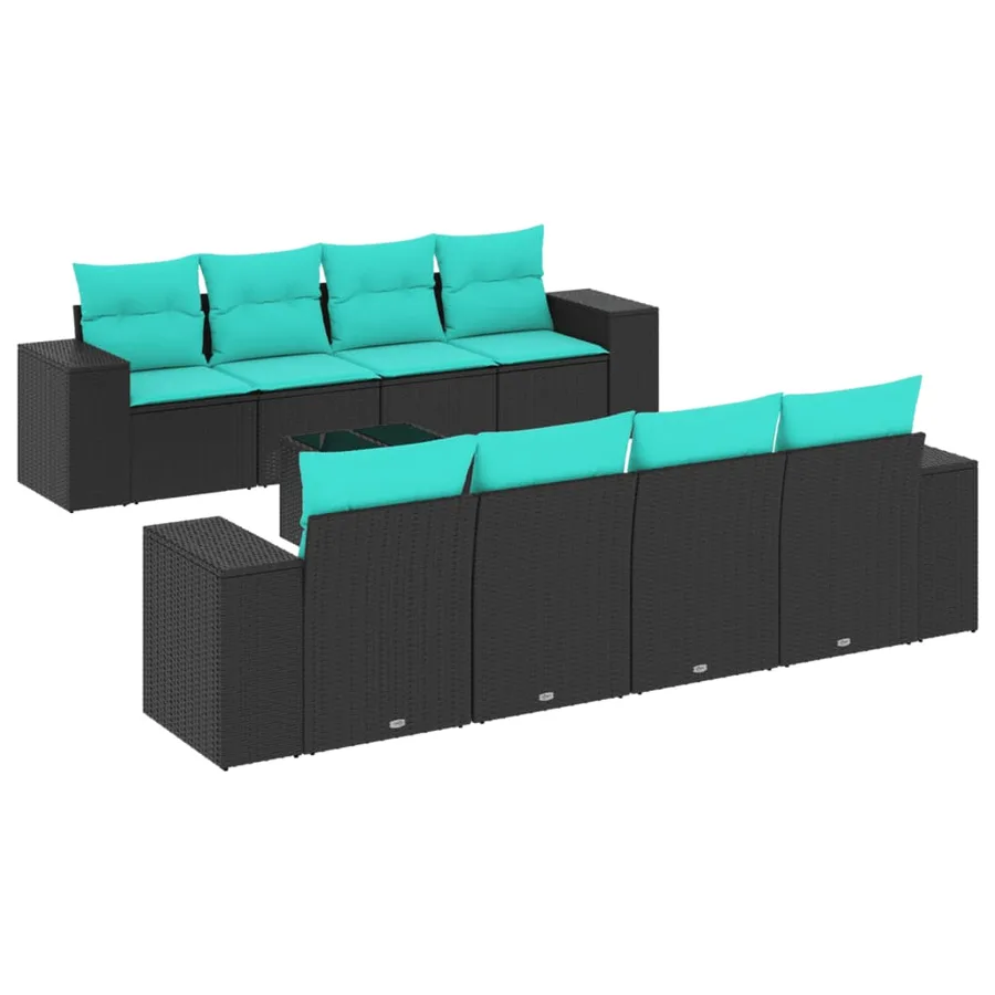 Ensemble de canapé de jardin 9 pcs avec coussins noir résine tressée - 2