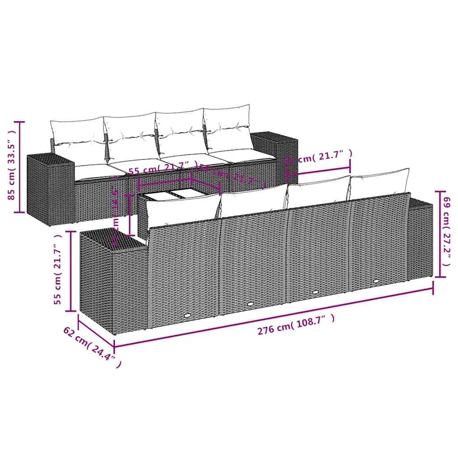 Ensemble de canapé de jardin 9 pcs avec coussins noir résine tressée - 8