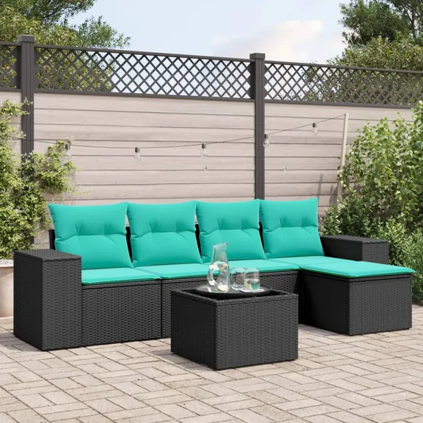 Ensemble de canapé de jardin 6 pcs avec coussins noir résine tressée