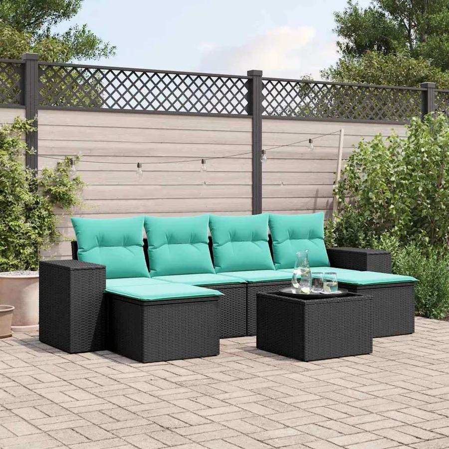 Ensemble de canapé de jardin 7 pcs avec coussins noir résine tressée