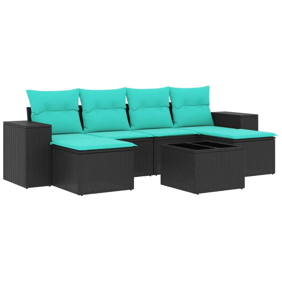 Ensemble de canapé de jardin 7 pcs avec coussins noir résine tressée - 2