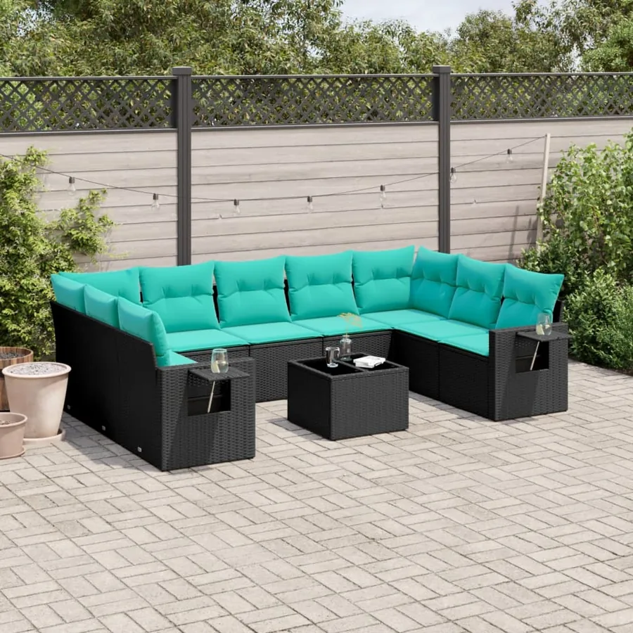 Ensemble de canapé de jardin 10 pcs avec coussins noir résine tressée