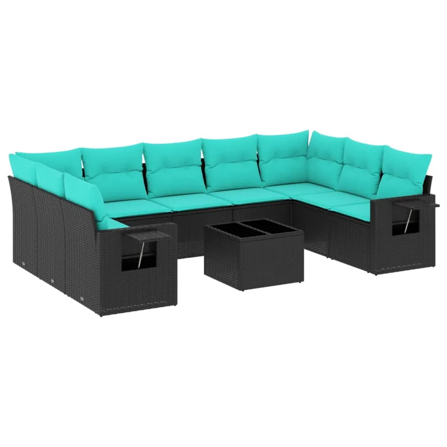 Ensemble de canapé de jardin 10 pcs avec coussins noir résine tressée - 2