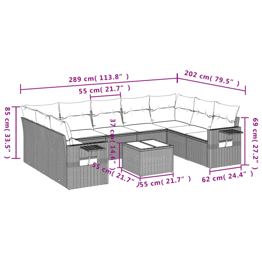 Ensemble de canapé de jardin 10 pcs avec coussins noir résine tressée - 9