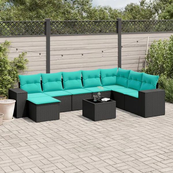 Ensemble de canapé de jardin 9 pcs avec coussins noir résine tressée