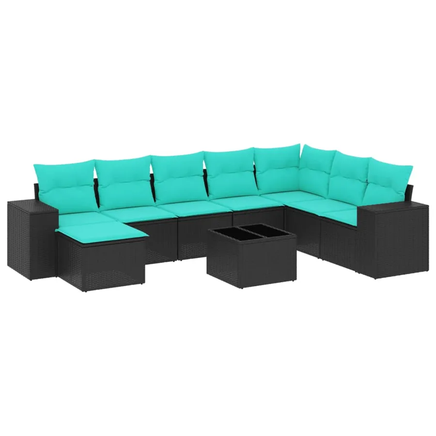 Ensemble de canapé de jardin 9 pcs avec coussins noir résine tressée - 2