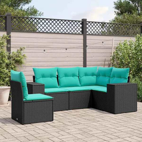 Salon de jardin 5 pcs avec coussins noir résine tressée