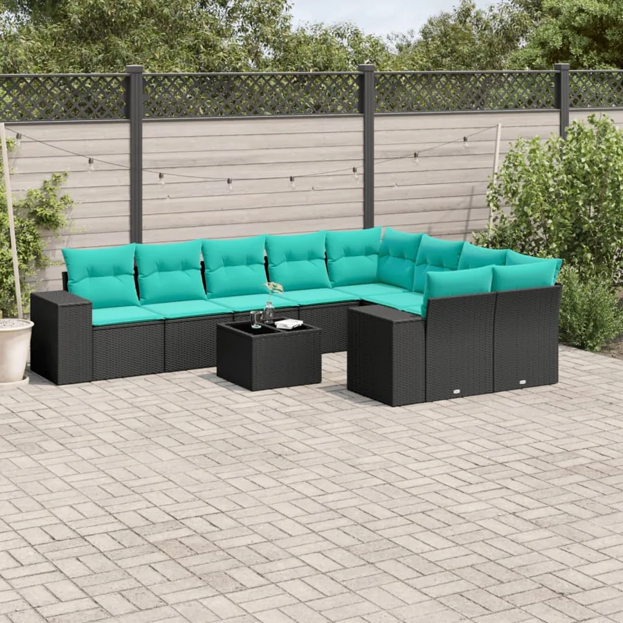 Ensemble de canapé de jardin 10 pcs avec coussins noir résine tressée