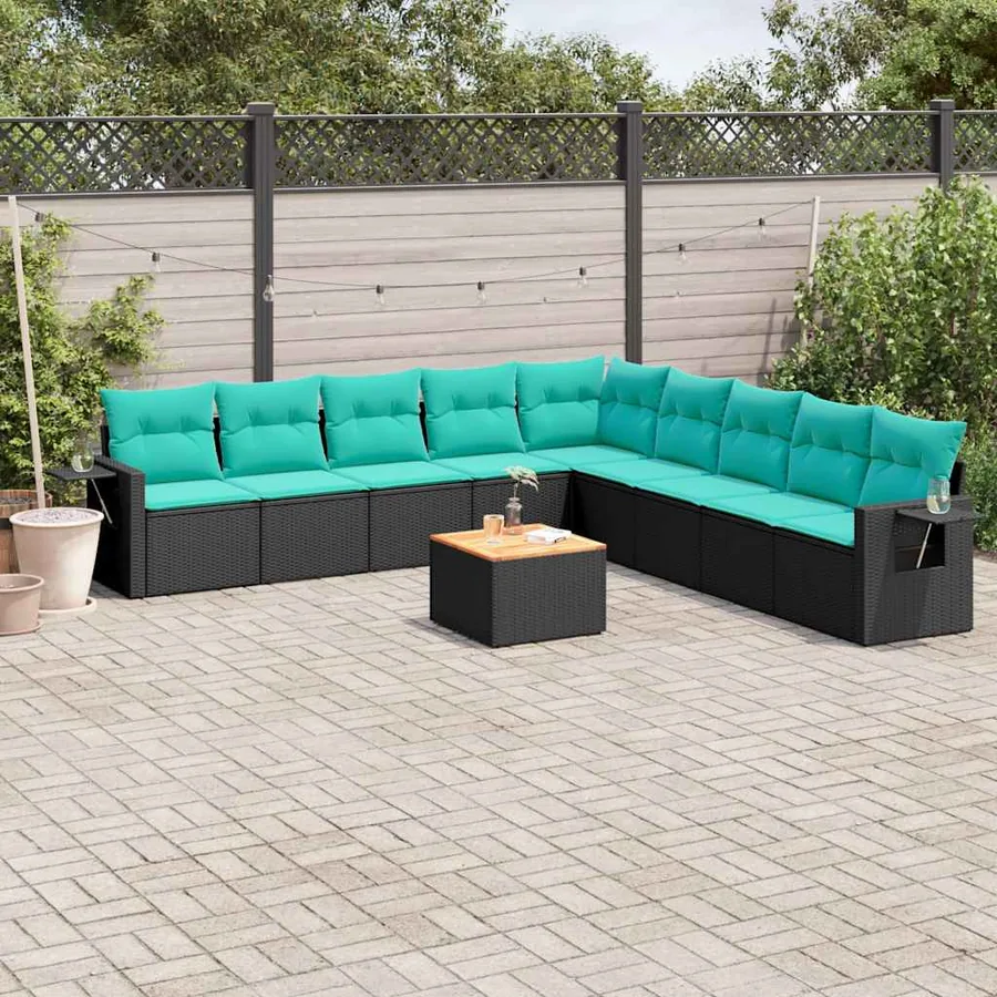 Ensemble de canapé de jardin 10 pcs avec coussins noir résine tressée