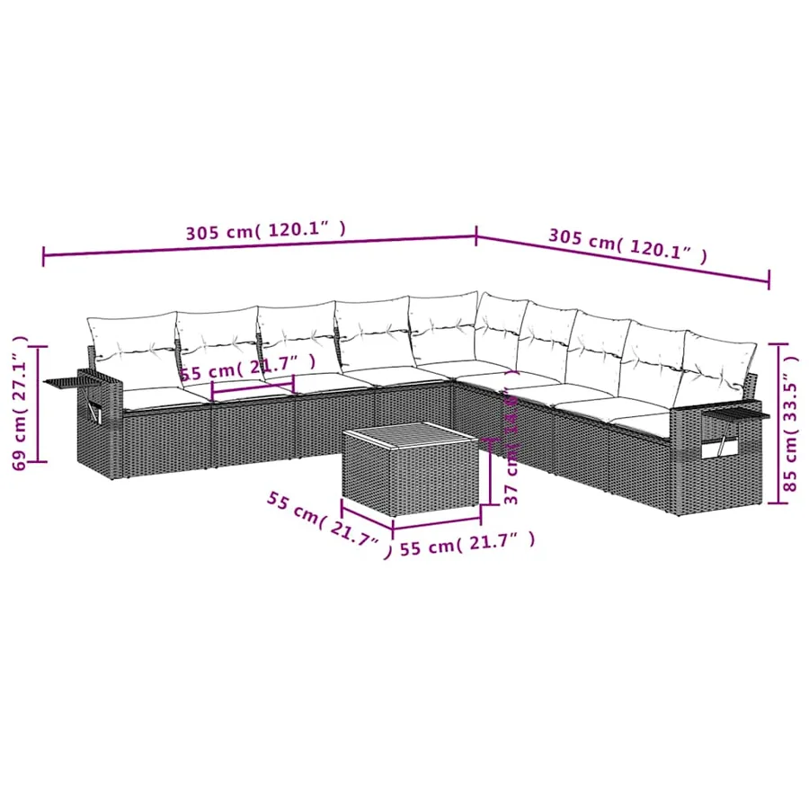 Ensemble de canapé de jardin 10 pcs avec coussins noir résine tressée - 9