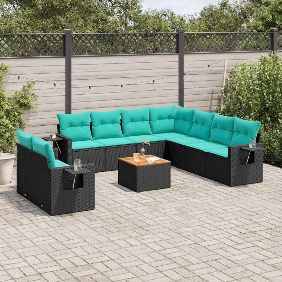 Ensemble de canapé de jardin 10 pcs avec coussins noir résine tressée
