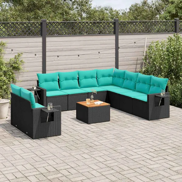 Ensemble de canapé de jardin 10 pcs avec coussins noir résine tressée