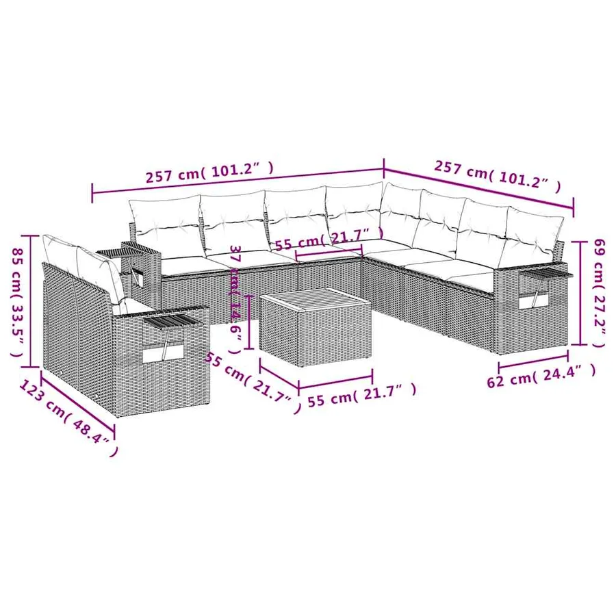 Ensemble de canapé de jardin 10 pcs avec coussins noir résine tressée - 9