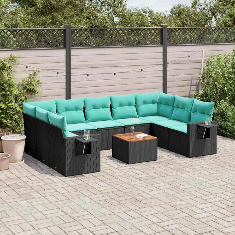 Ensemble de canapé de jardin 10 pcs avec coussins noir résine tressée