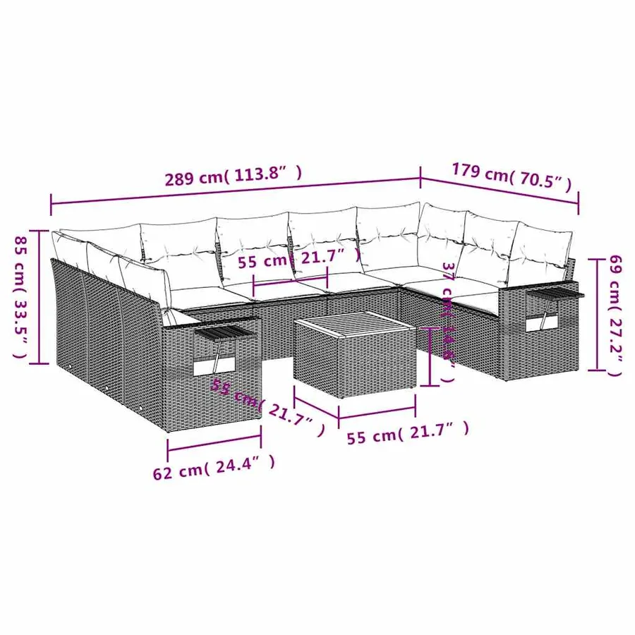 Ensemble de canapé de jardin 10 pcs avec coussins noir résine tressée - 9