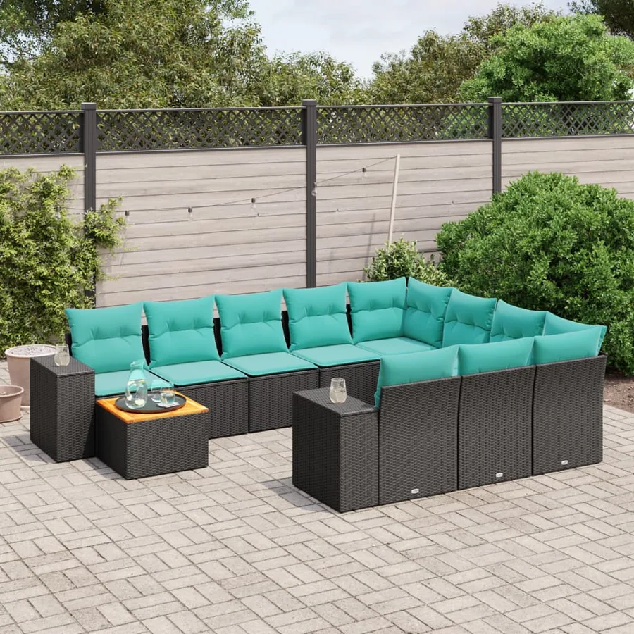 Ensemble de canapé de jardin 11 pcs avec coussins noir résine tressée