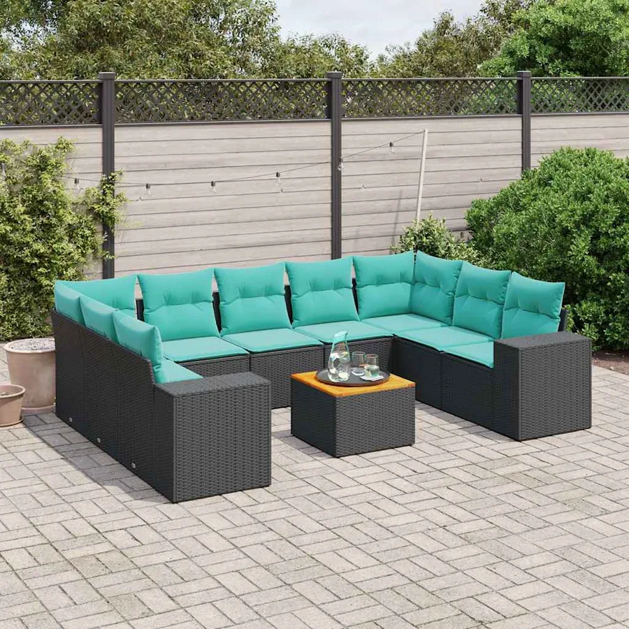 Ensemble de canapé de jardin 10 pcs avec coussins noir résine tressée