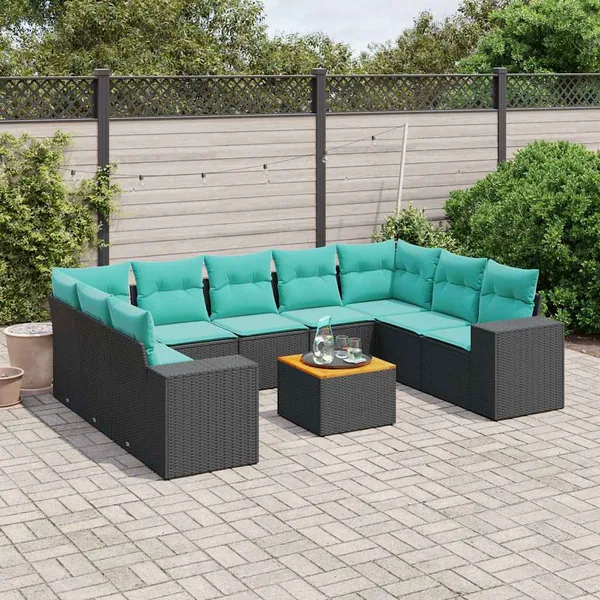 Ensemble de canapé de jardin 10 pcs avec coussins noir résine tressée
