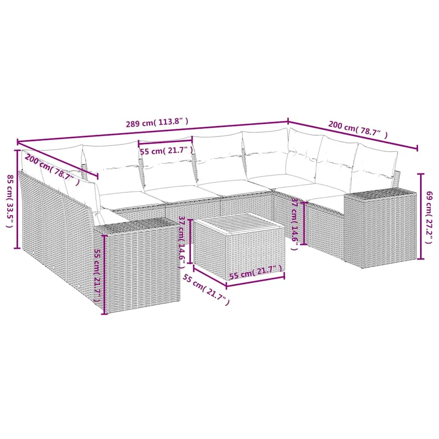 Ensemble de canapé de jardin 10 pcs avec coussins noir résine tressée - 8