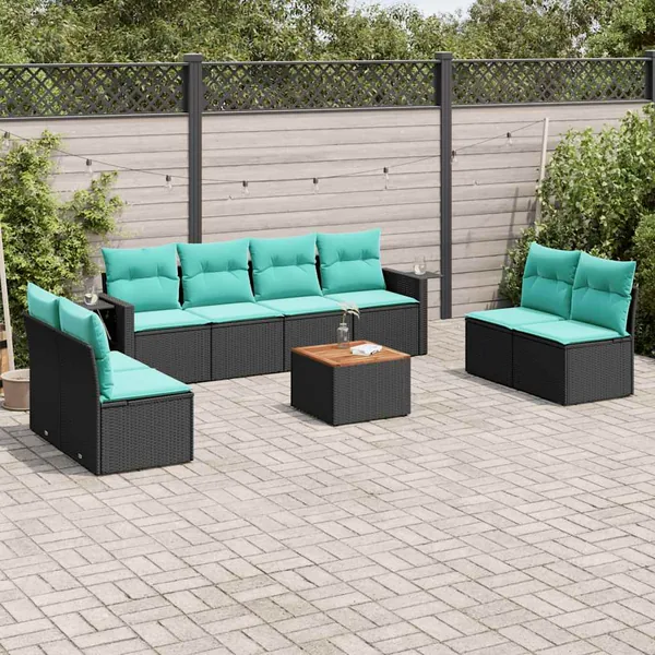 Ensemble de canapé de jardin 9 pcs avec coussins noir résine tressée