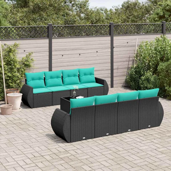 Ensemble de canapé de jardin 9 pcs avec coussins noir résine tressée