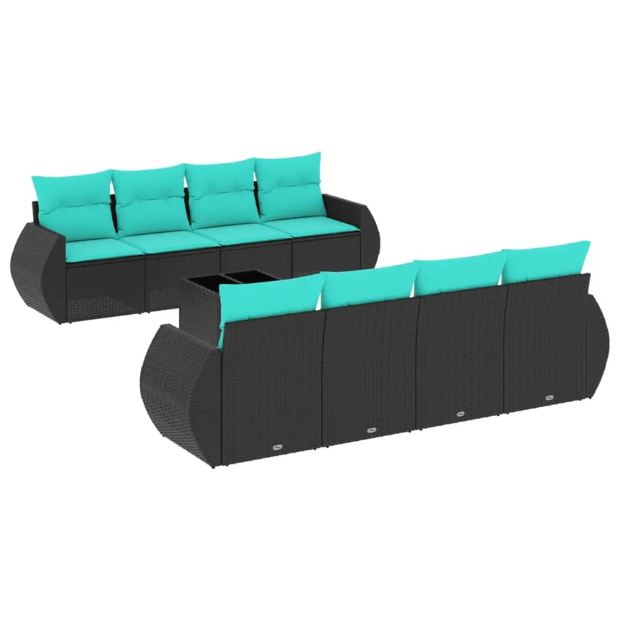Ensemble de canapé de jardin 9 pcs avec coussins noir résine tressée - 2
