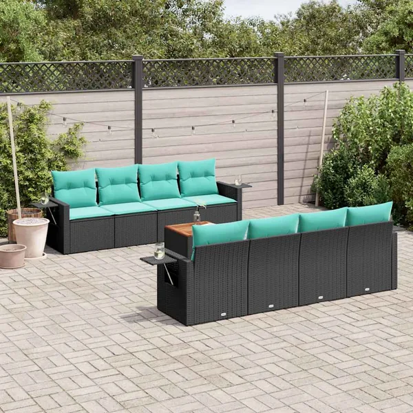 Ensemble de canapé de jardin 9 pcs avec coussins noir résine tressée