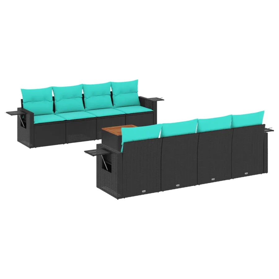 Ensemble de canapé de jardin 9 pcs avec coussins noir résine tressée - 2