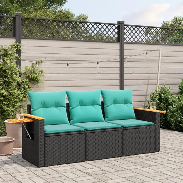 Salon de jardin 3 pcs avec coussins noir résine tressée
