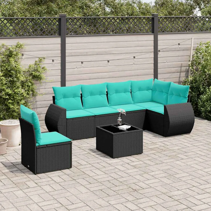 Ensemble de canapé de jardin 7 pcs avec coussins noir résine tressée