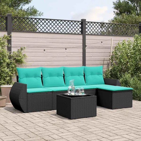 Ensemble de canapé de jardin 6 pcs avec coussins noir résine tressée