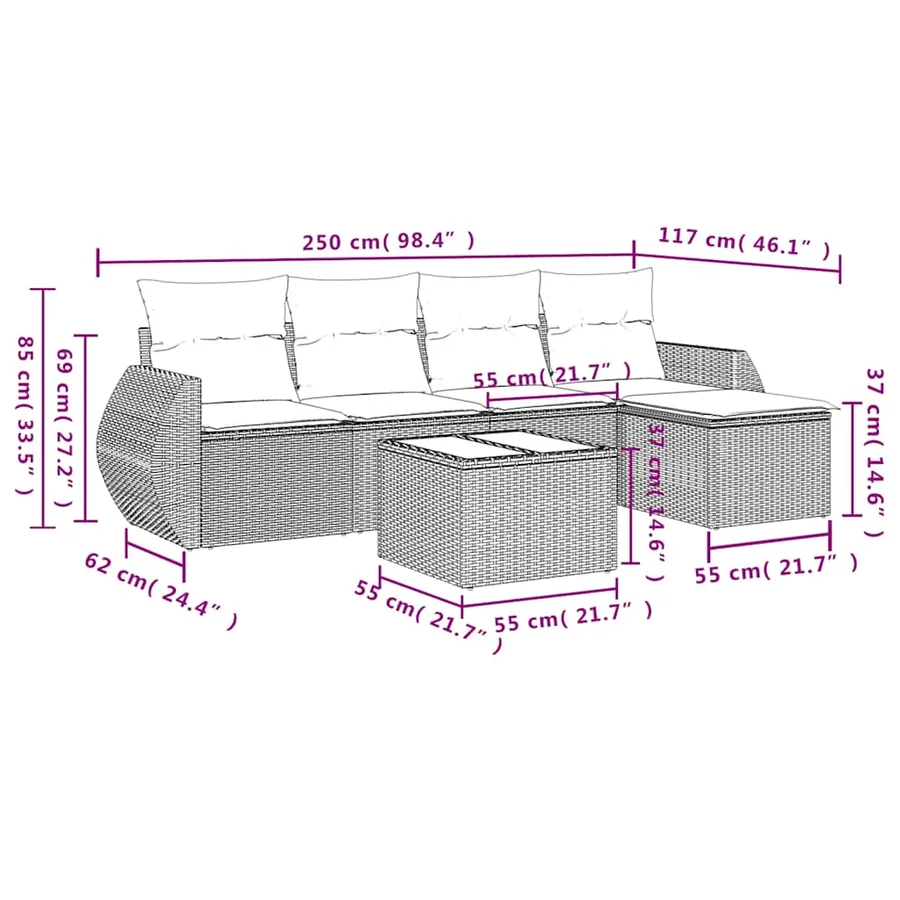 Ensemble de canapé de jardin 6 pcs avec coussins noir résine tressée - 8