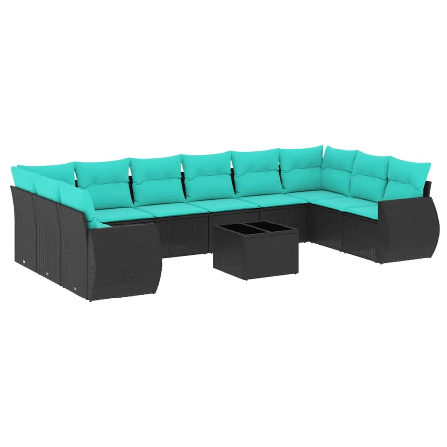 Ensemble de canapé de jardin 11 pcs avec coussins noir résine tressée - 2