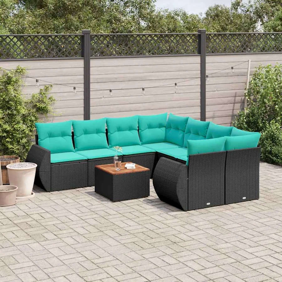 Ensemble de canapé de jardin 9 pcs avec coussins noir résine tressée