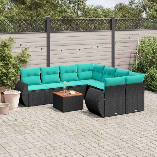Ensemble de canapé de jardin 9 pcs avec coussins noir résine tressée