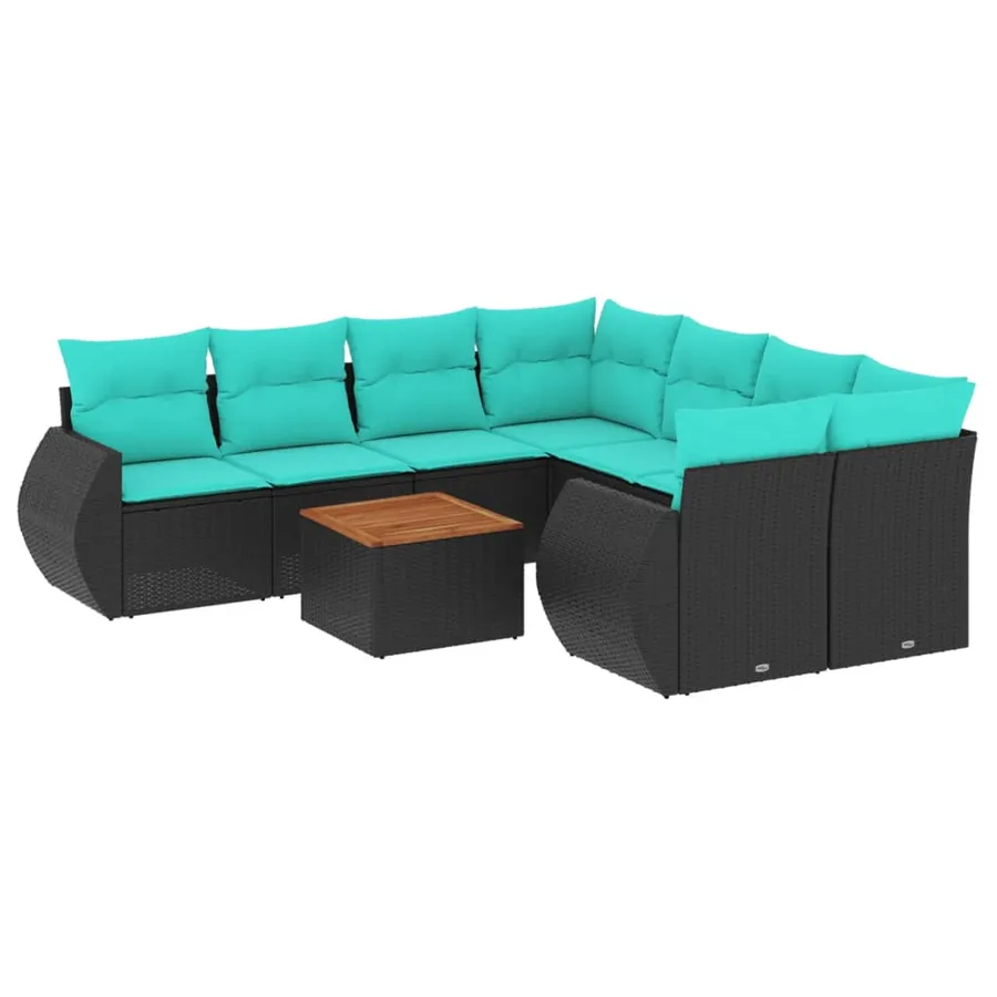Ensemble de canapé de jardin 9 pcs avec coussins noir résine tressée - 2