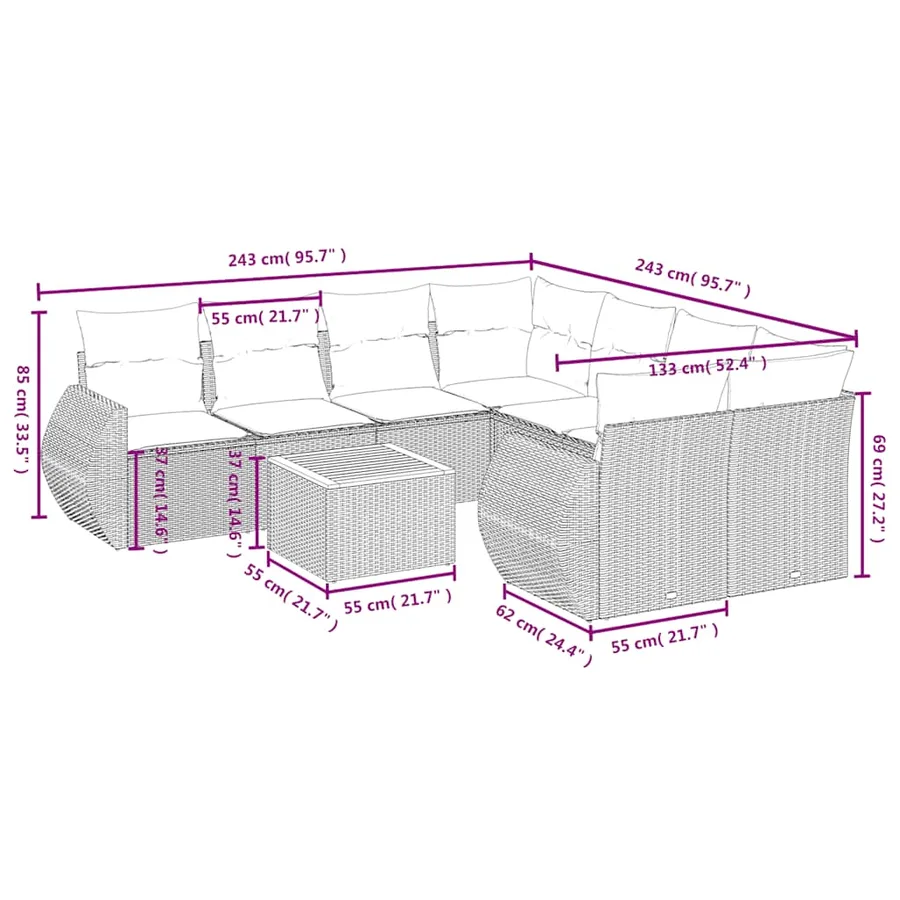 Ensemble de canapé de jardin 9 pcs avec coussins noir résine tressée - 8