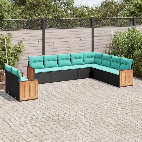 Salon de jardin 10 pcs avec coussins noir résine tressée