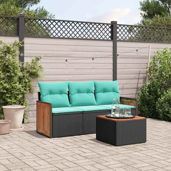 Ensemble de canapé de jardin 4 pcs avec coussins noir résine tressée