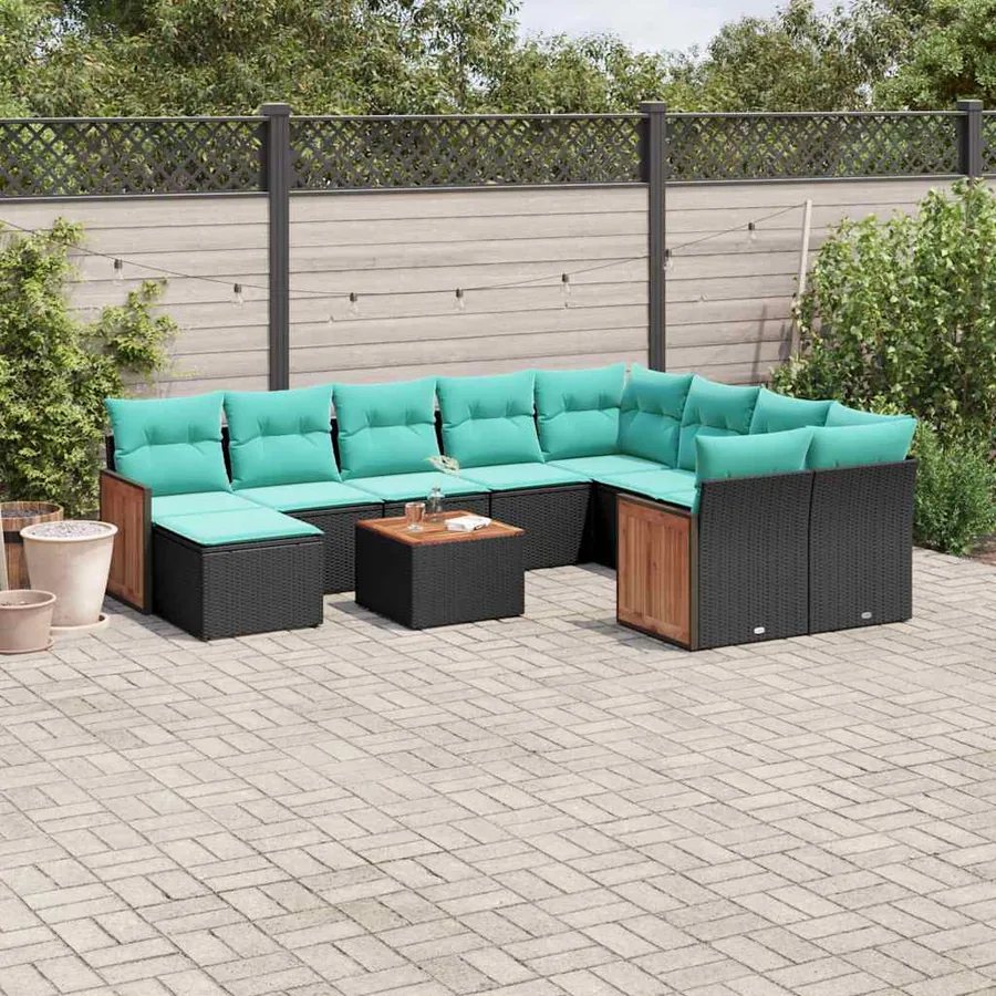 Ensemble de canapé de jardin 11 pcs avec coussins noir résine tressée