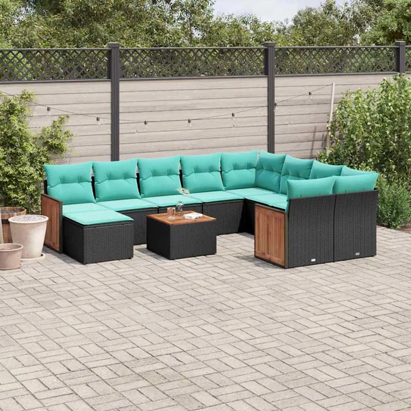 Ensemble de canapé de jardin 11 pcs avec coussins noir résine tressée
