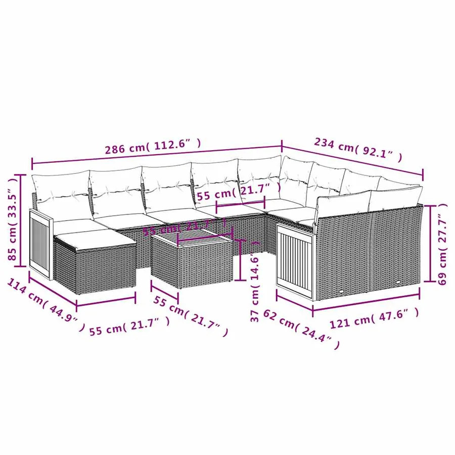 Ensemble de canapé de jardin 11 pcs avec coussins noir résine tressée - 9