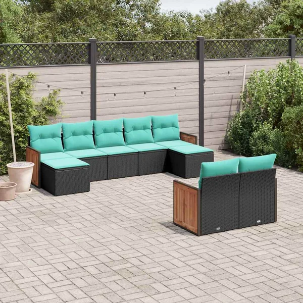 Salon de jardin 9 pcs avec coussins noir résine tressée