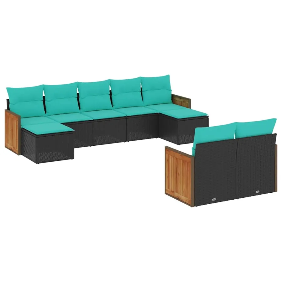 Salon de jardin 9 pcs avec coussins noir résine tressée - 2
