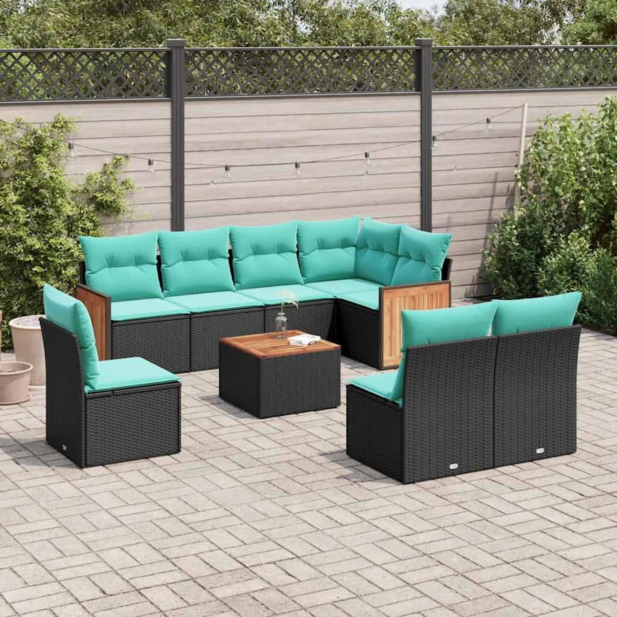 Ensemble de canapé de jardin 9 pcs avec coussins noir résine tressée