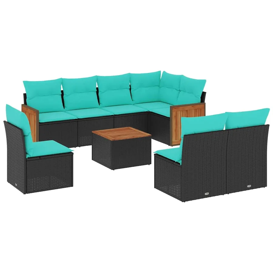 Ensemble de canapé de jardin 9 pcs avec coussins noir résine tressée - 2