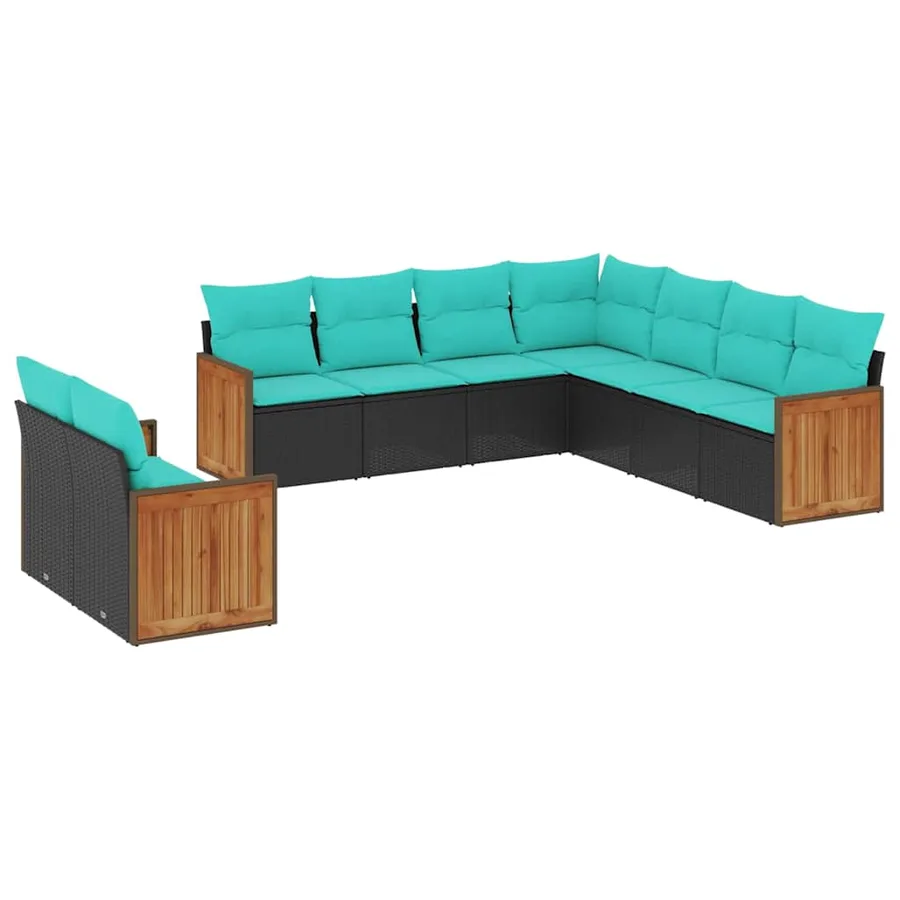 Salon de jardin 9 pcs avec coussins noir résine tressée - 2