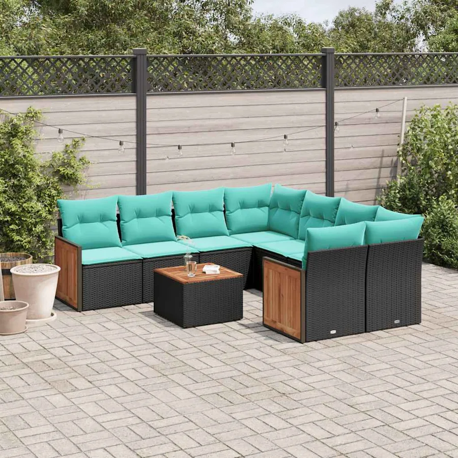 Ensemble de canapé de jardin 9 pcs avec coussins noir résine tressée