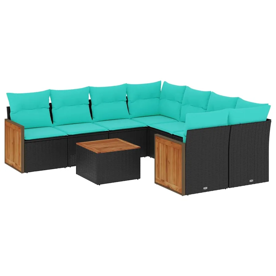 Ensemble de canapé de jardin 9 pcs avec coussins noir résine tressée - 2